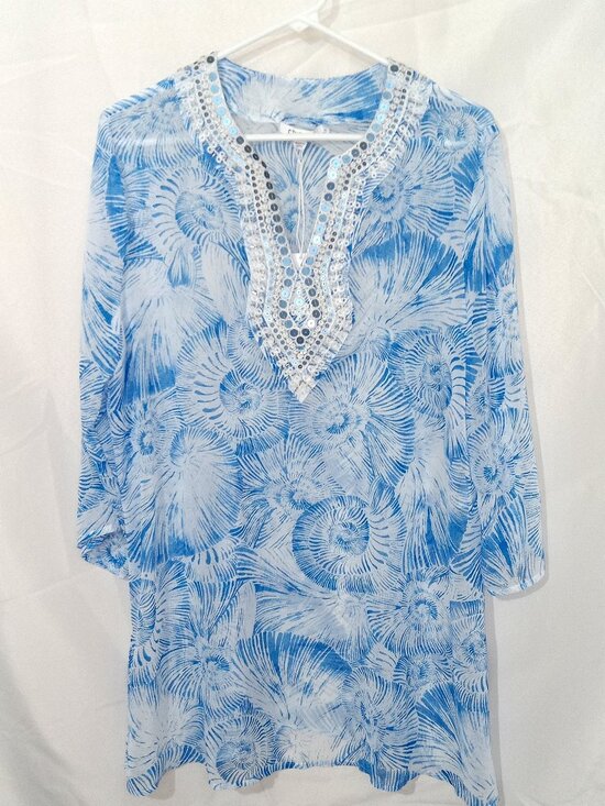 Chico's Tops - Chico’s Nautilus Swirl Georgette Tunic Top Blue Beaded Kurta 3/4 Sleeve Size L